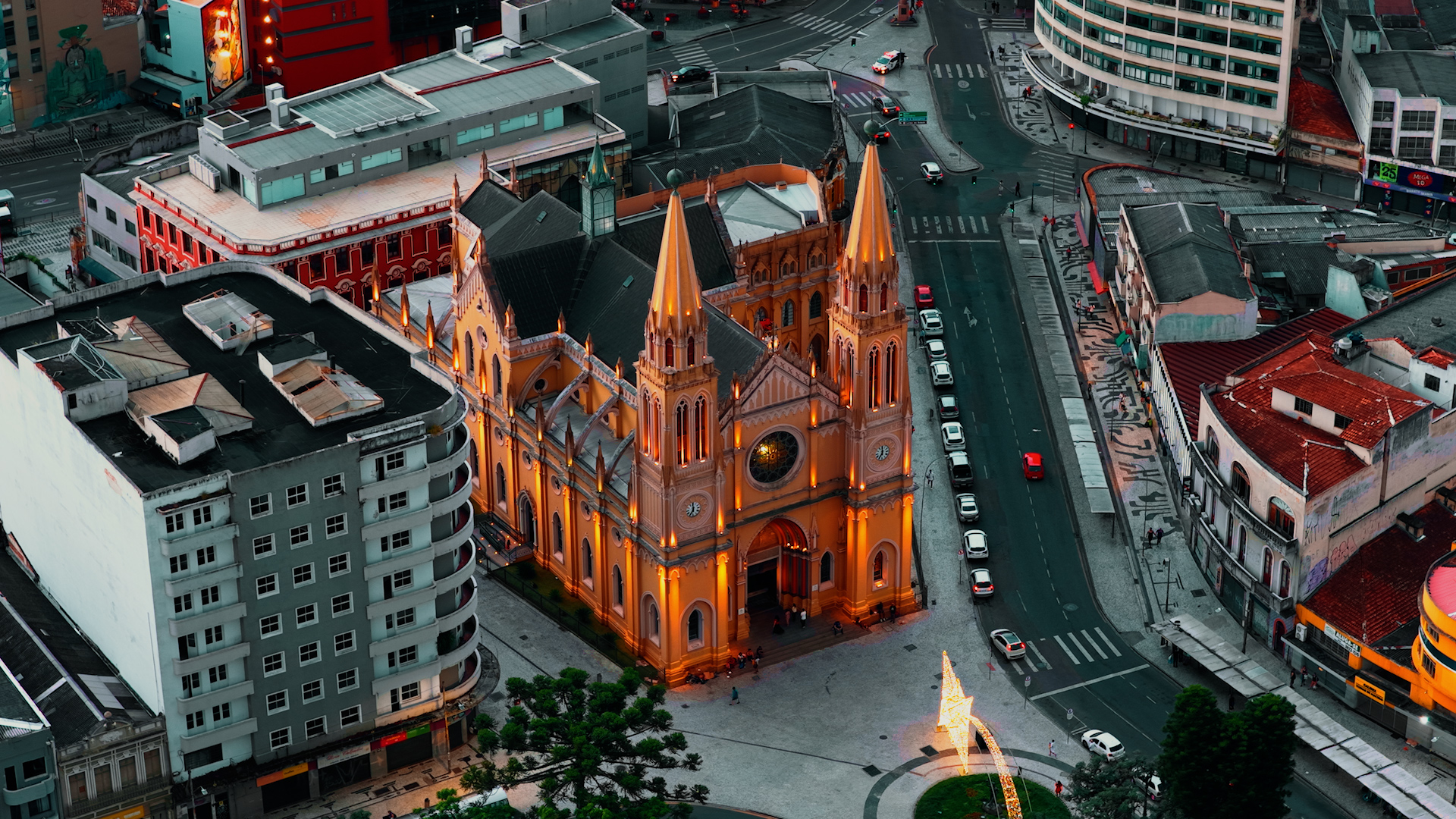 Aerial view of Curitiba skyline at golden hour - Stock Footage - preview 1